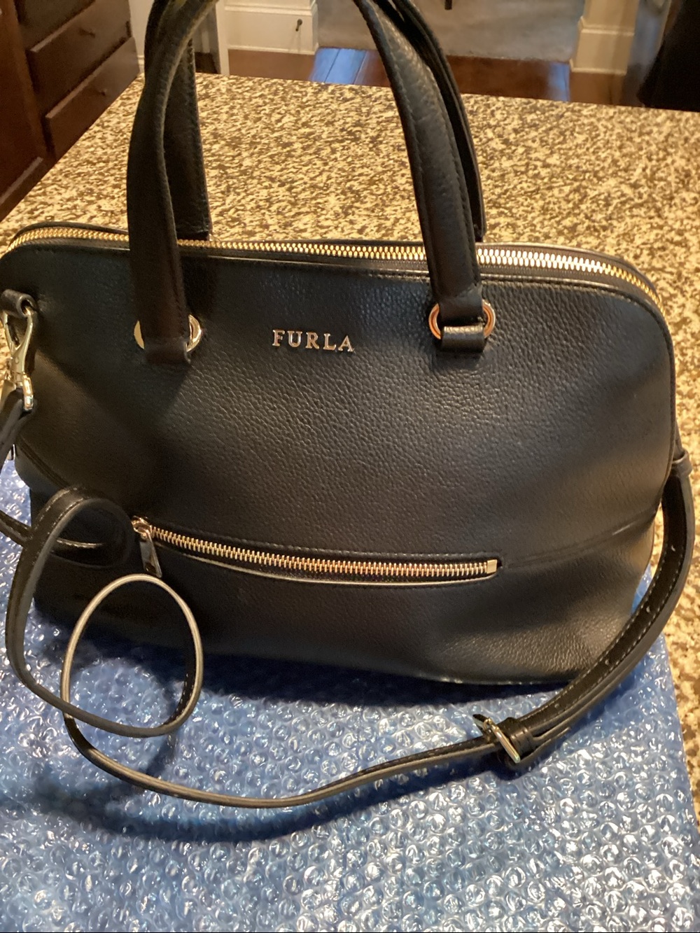 Furla Black Leather Dome Satchel with Gold Hardware EUC